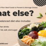 Healthy foods for kidney stone prevention including leafy greens, citrus fruits, and water bottle